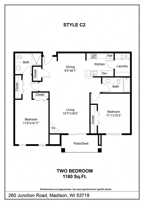 Floor plan for 2 beds, 2 baths, 1180 sqft